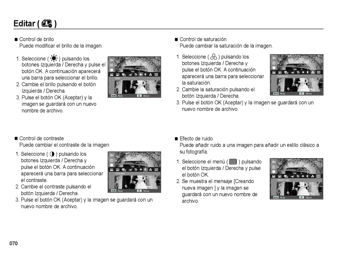 Samsung EC-ES70ZZBPSE1 manual Cambie el brillo pulsando el botón Izquierda / Derecha, Pulse el botón OK Aceptar y la 