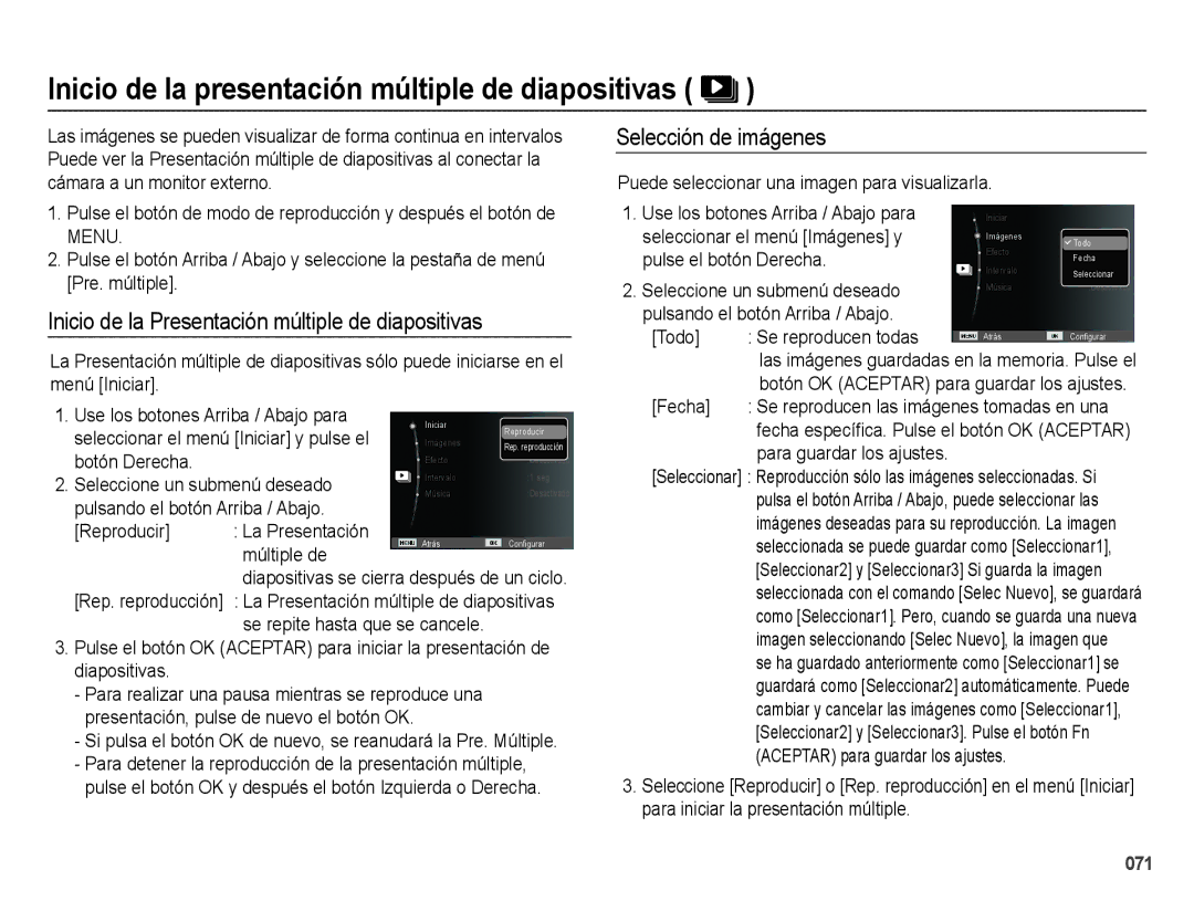 Samsung EC-ES70ZZBPBE1, EC-ES71ZZBDBE1 manual Inicio de la presentación múltiple de diapositivas, Selección de imágenes 