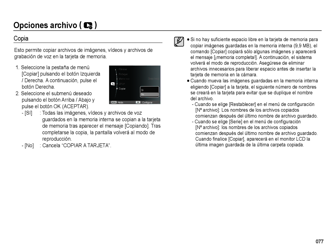 Samsung EC-ES71ZZBDUE1, EC-ES70ZZBPBE1 Seleccione la pestaña de menú, Copiar pulsando el botón Izquierda, Reproducción 