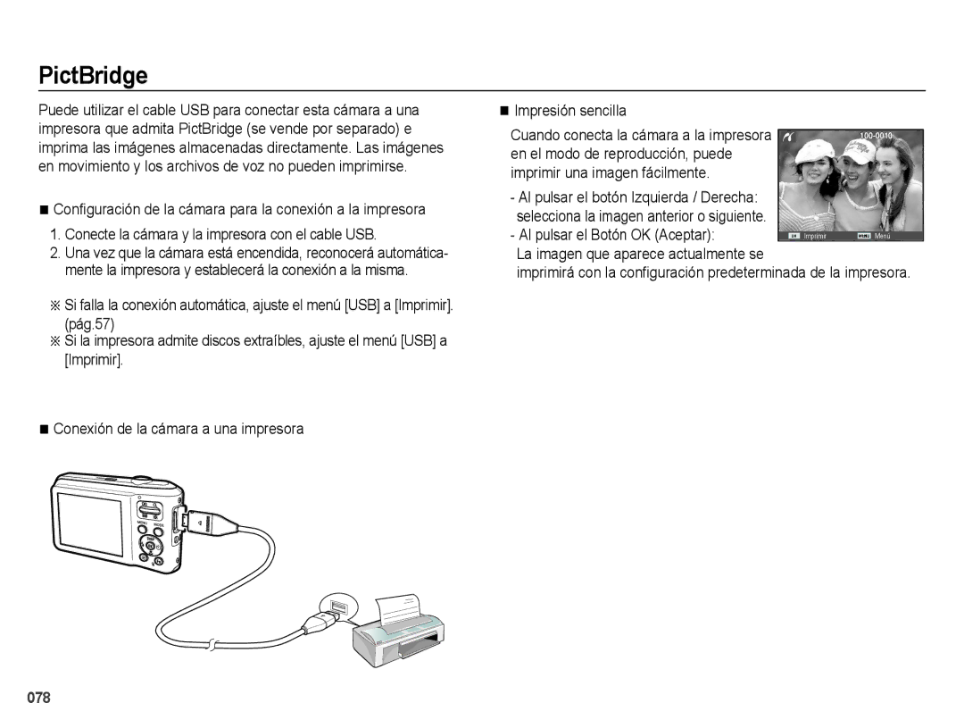 Samsung EC-ES70ZZBPSE1, EC-ES70ZZBPBE1, EC-ES71ZZBDBE1, EC-ES70ZZBPRE1 manual PictBridge, Al pulsar el Botón OK Aceptar 