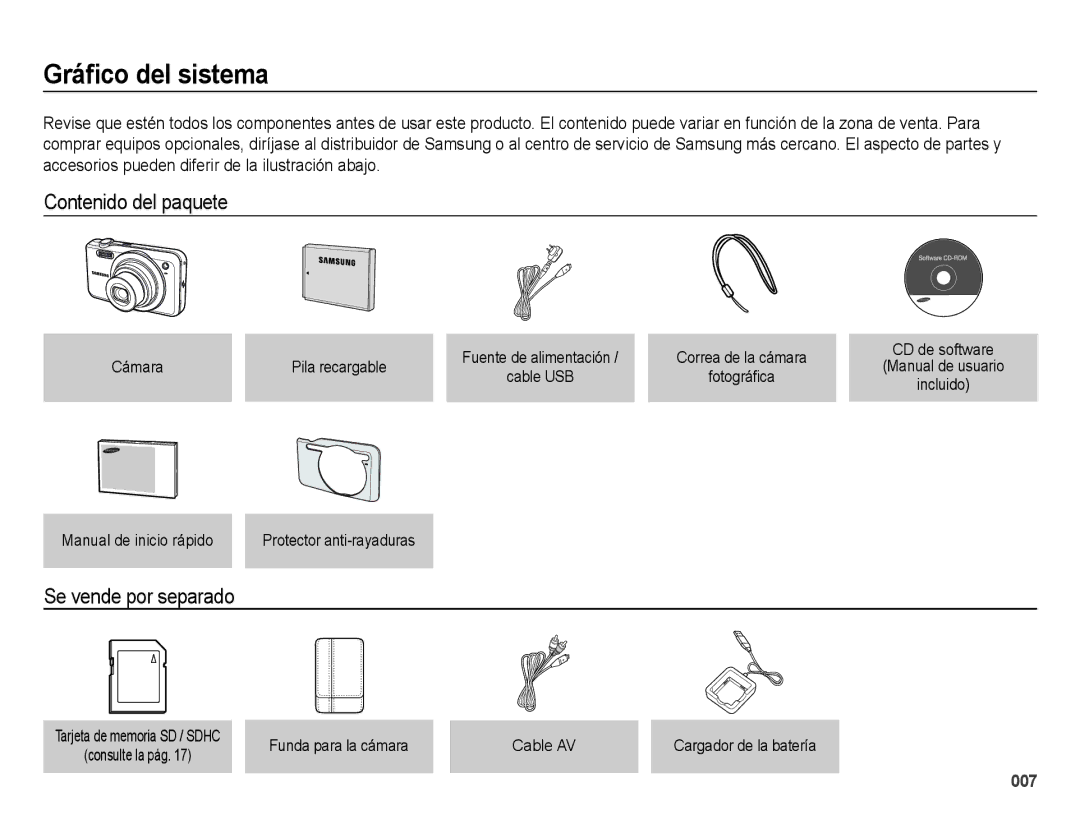 Samsung EC-ES70ZZBPBE1, EC-ES71ZZBDBE1, EC-ES70ZZBPRE1 Gráﬁco del sistema, Contenido del paquete, Se vende por separado 