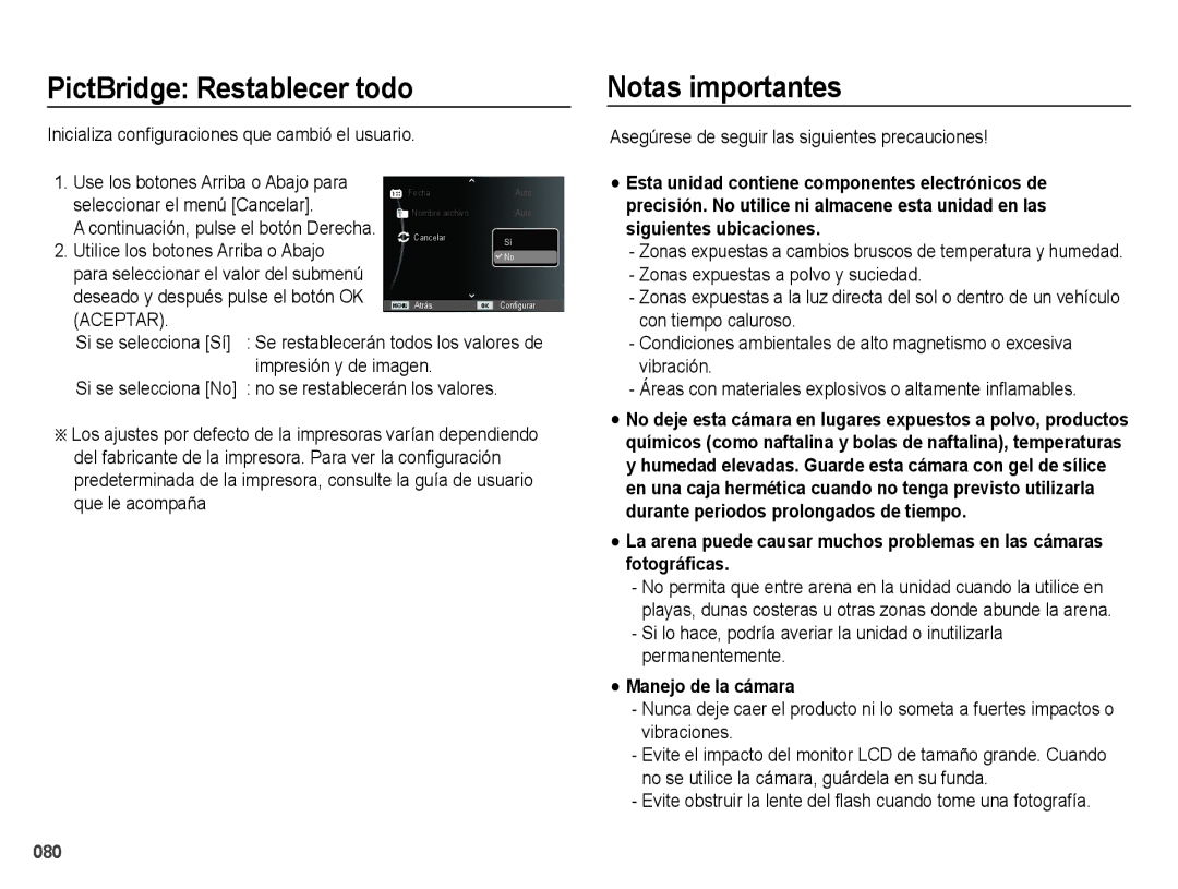 Samsung EC-ES71ZZBDBE1, EC-ES70ZZBPBE1, EC-ES70ZZBPRE1 PictBridge Restablecer todo, Notas importantes, Manejo de la cámara 