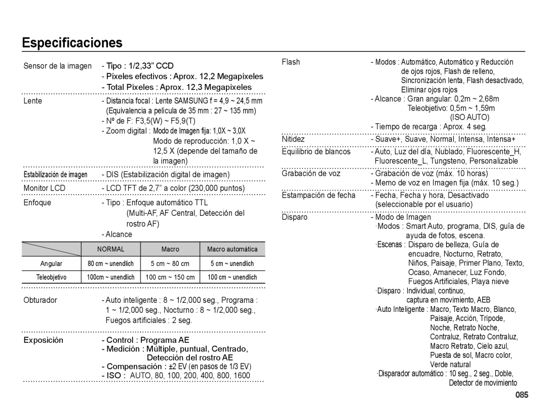 Samsung EC-ES71ZZBDUE1, EC-ES70ZZBPBE1, EC-ES71ZZBDBE1, EC-ES70ZZBPRE1, EC-ES71ZZBDPE1, EC-ES70ZZBPUE1 manual Especiﬁcaciones 