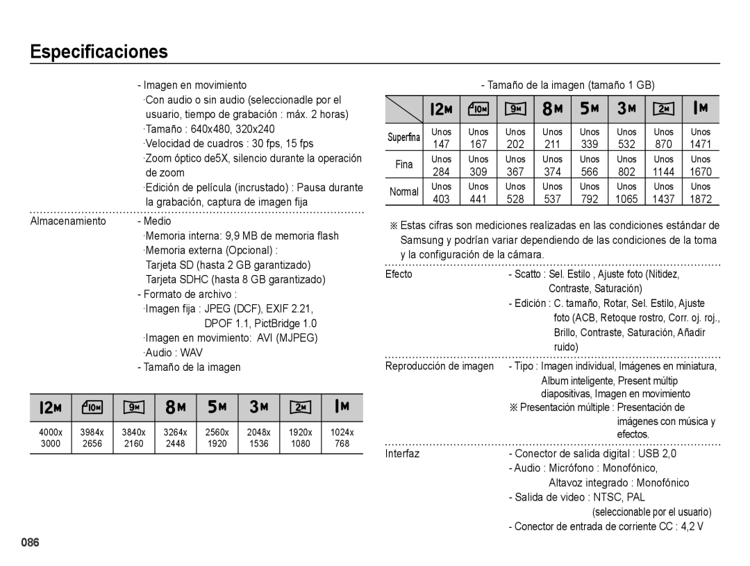 Samsung EC-ES70ZZBPSE1, EC-ES70ZZBPBE1, EC-ES71ZZBDBE1, EC-ES70ZZBPRE1, EC-ES71ZZBDPE1, EC-ES70ZZBPUE1 manual Especificaciones 