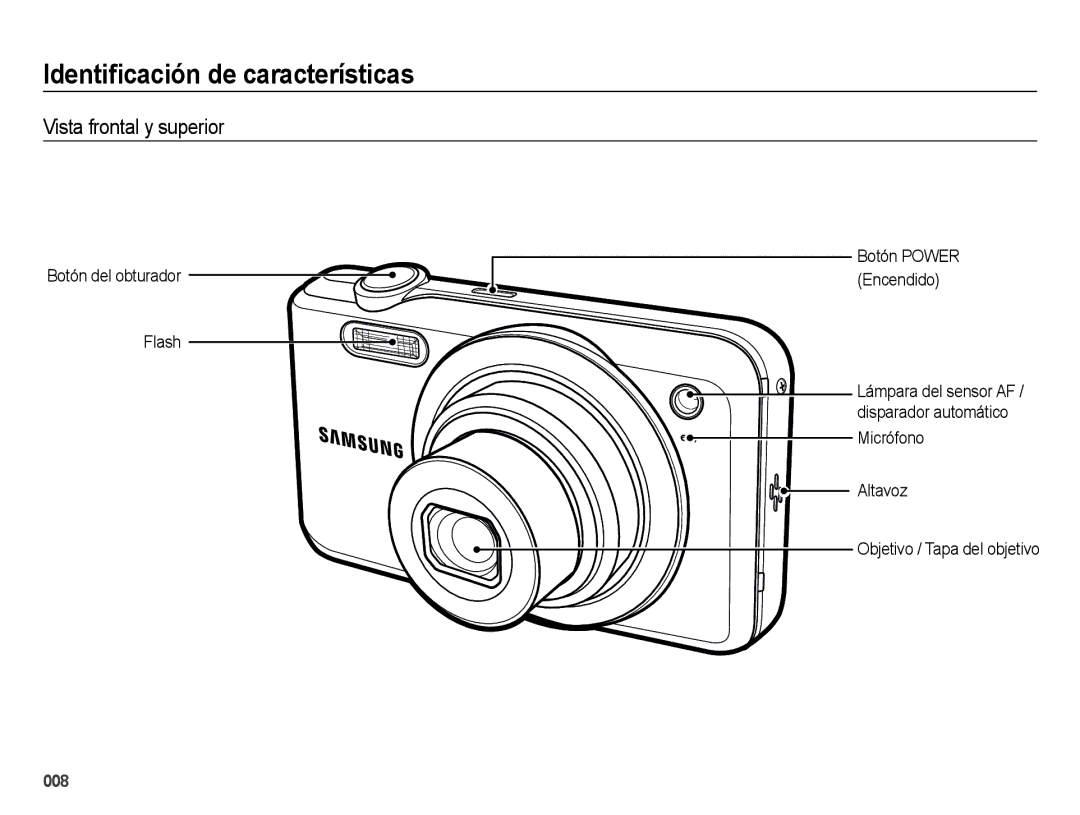 Samsung EC-ES71ZZBDBE1 manual Identiﬁcación de características, Vista frontal y superior, Botón del obturador Flash 