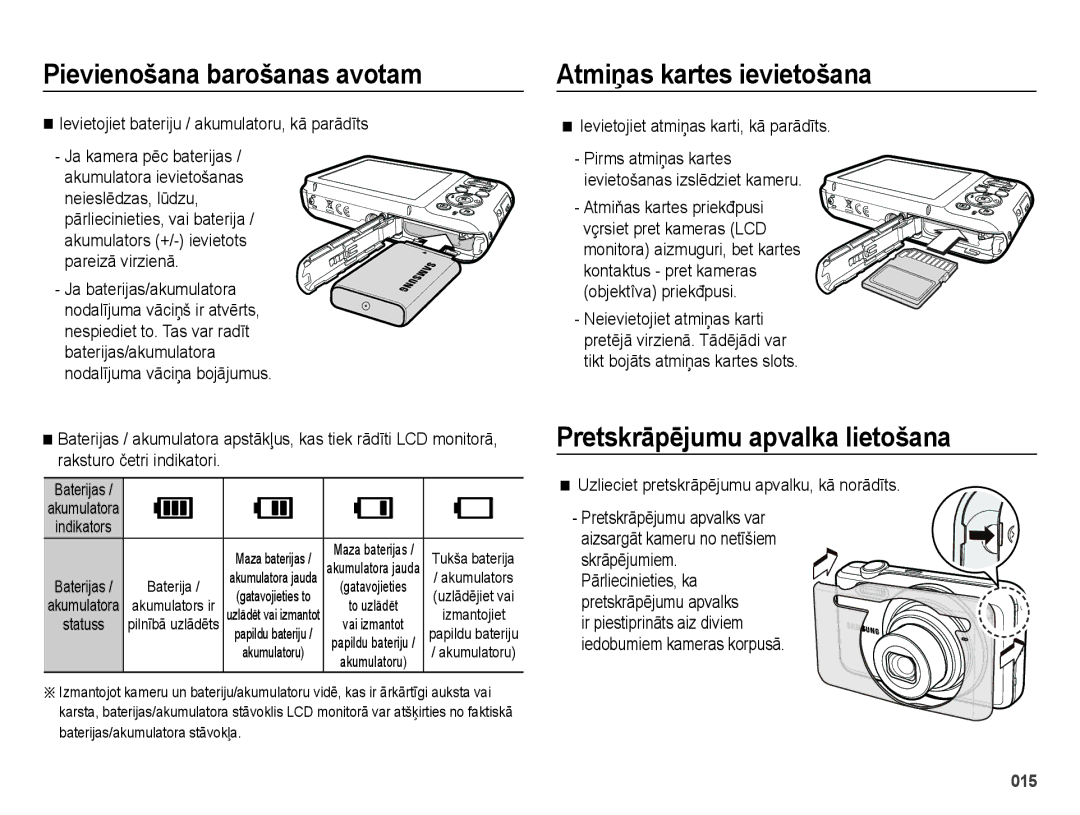 Samsung EC-ES70ZZBPSRU, EC-ES70ZZBPBE2, EC-ES70ZZBPBRU manual Atmiņas kartes ievietošana, Pretskrāpējumu apvalka lietošana 