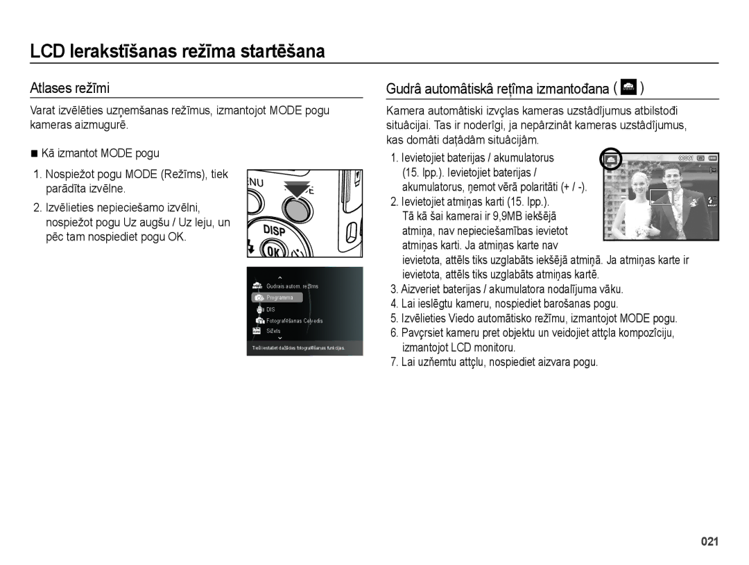 Samsung EC-ES70ZZBPSRU manual LCD Ierakstīšanas režīma startēšana, Atlases režīmi, Gudrâ automâtiskâ reţîma izmantođana 