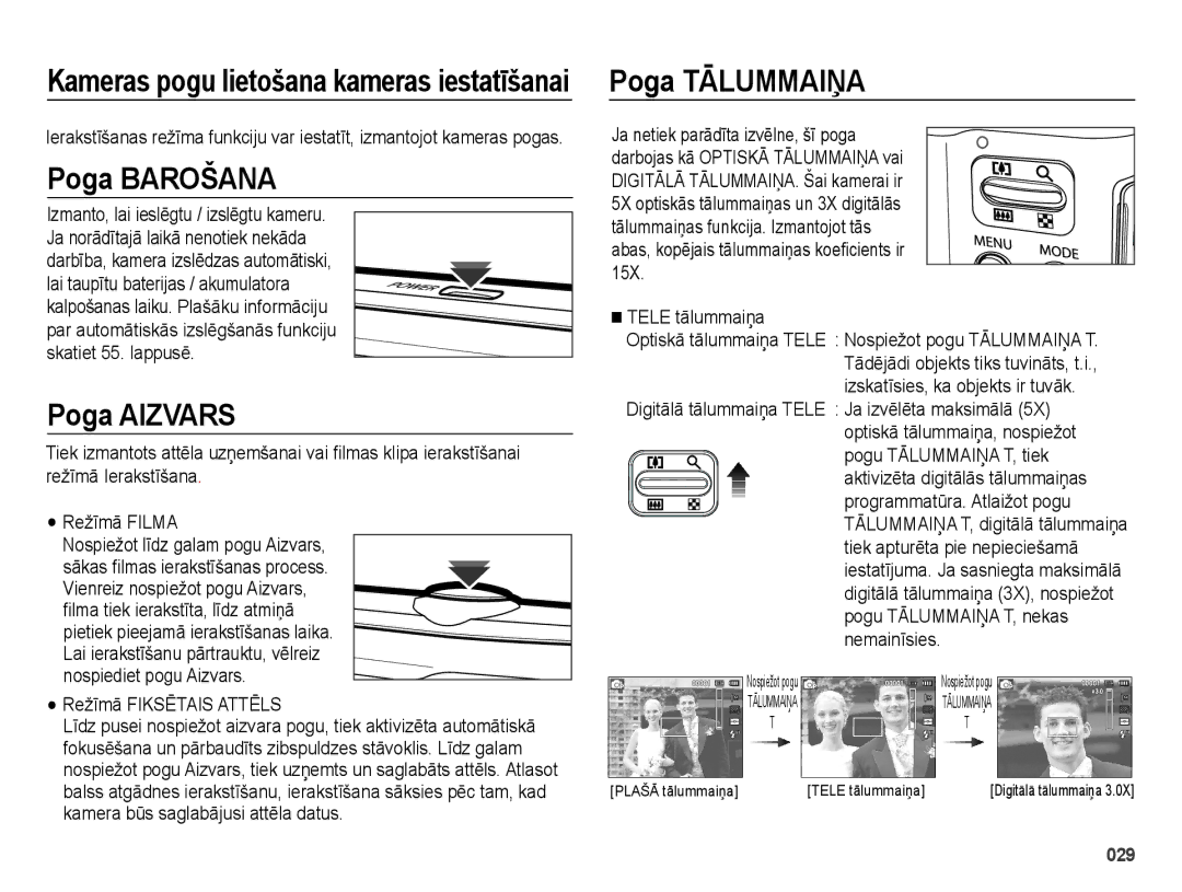 Samsung EC-ES70ZZBPBE2 manual Kameras pogu lietošana kameras iestatīšanai Poga Tālummaiņa, Poga Barošana, Poga Aizvars 