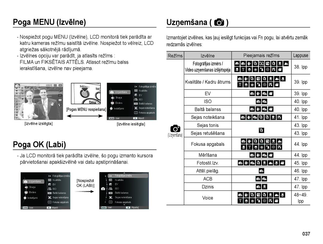 Samsung EC-ES70ZZBPBRU manual Poga Menu Izvēlne Uzņemšana, Poga OK Labi, Redzamās izvēlnes Atgriežas sākotnējā rādījumā 