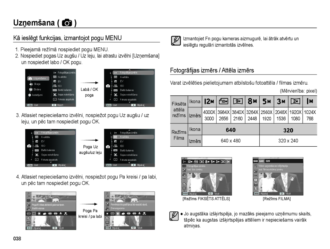 Samsung EC-ES70ZZBPBE2, EC-ES70ZZBPSRU manual Kā ieslēgt funkcijas, izmantojot pogu Menu, Fotogrāﬁjas izmērs / Attēla izmērs 