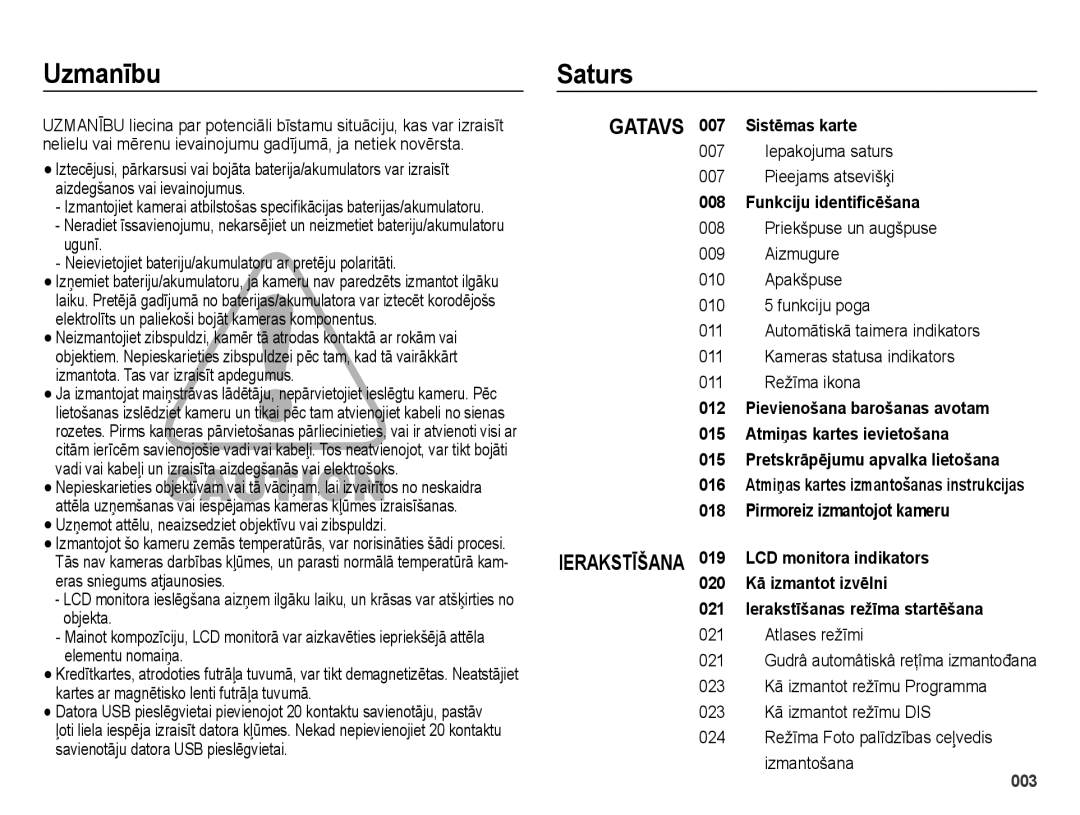 Samsung EC-ES70ZZBPSRU, EC-ES70ZZBPBE2, EC-ES70ZZBPBRU manual Uzmanību Saturs, Sistēmas karte, Funkciju identiﬁcēšana 