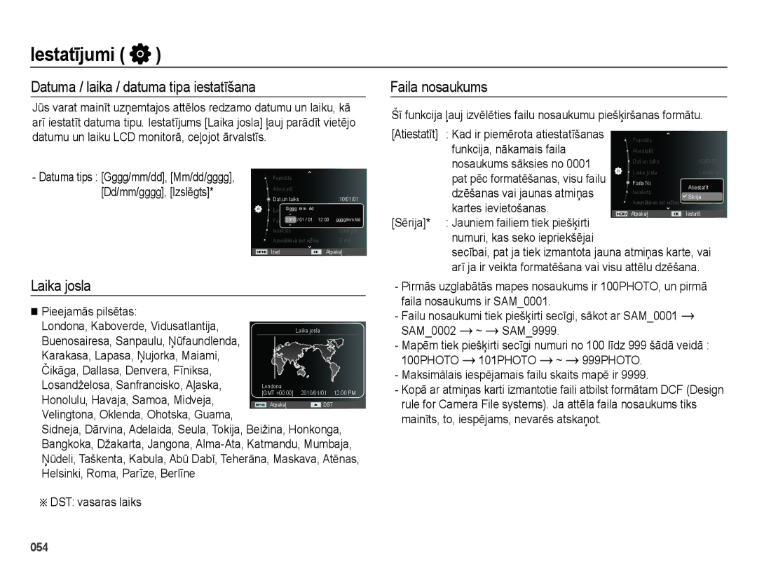 Samsung EC-ES70ZZBPSRU, EC-ES70ZZBPBE2 manual Datuma / laika / datuma tipa iestatīšana, Laika josla, Faila nosaukums 