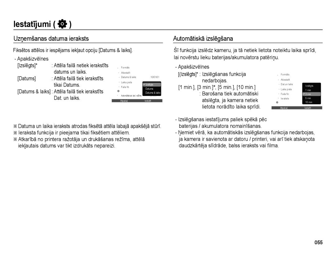 Samsung EC-ES70ZZBPBRU, EC-ES70ZZBPBE2, EC-ES70ZZBPSRU manual Uzņemšanas datuma ieraksts, Automātiskā izslēgšana 