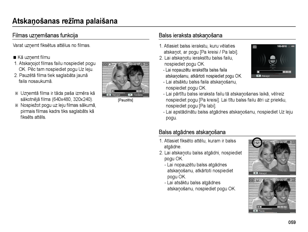 Samsung EC-ES70ZZBPBE2, EC-ES70ZZBPSRU Filmas uzņemšanas funkcija Balss ieraksta atskaņošana, Balss atgādnes atskaņošana 