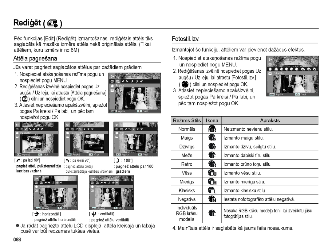 Samsung EC-ES70ZZBPBE2, EC-ES70ZZBPSRU Attēla pagriešana, Atlasiet nepieciešamo apakšizvēlni, spiežot, Nospiežot pogu OK 