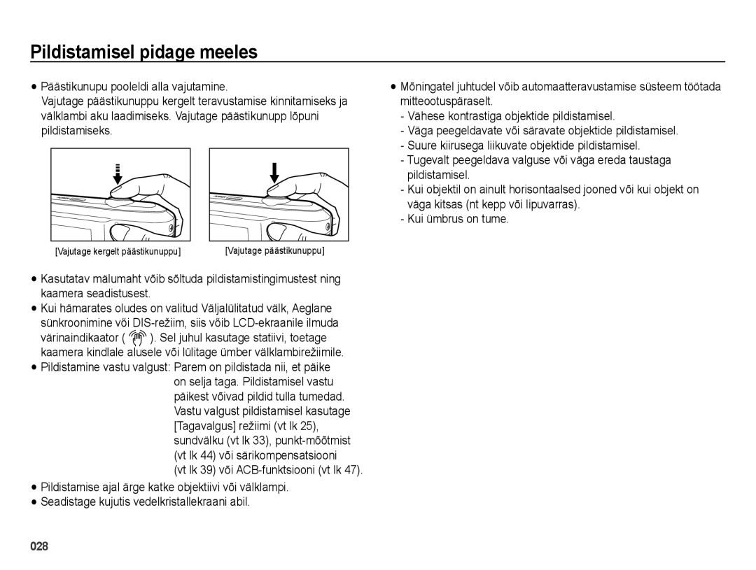 Samsung EC-ES70ZZBPBRU, EC-ES70ZZBPBE2, EC-ES70ZZBPSRU manual Pildistamisel pidage meeles, Vt lk 39 või ACB-funktsiooni vt lk 
