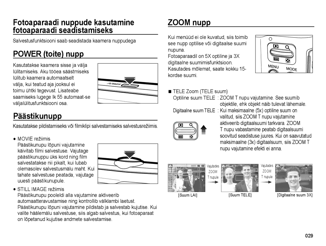 Samsung EC-ES70ZZBPBE2, EC-ES70ZZBPSRU, EC-ES70ZZBPBRU manual Power toite nupp, Päästikunupp, Zoom nupp 