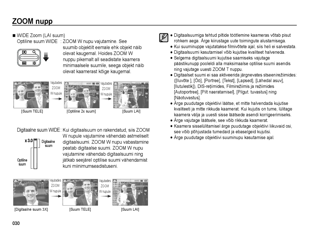 Samsung EC-ES70ZZBPSRU, EC-ES70ZZBPBE2, EC-ES70ZZBPBRU manual Ärge puudutage objektiivi suuminupu kasutamise ajal 