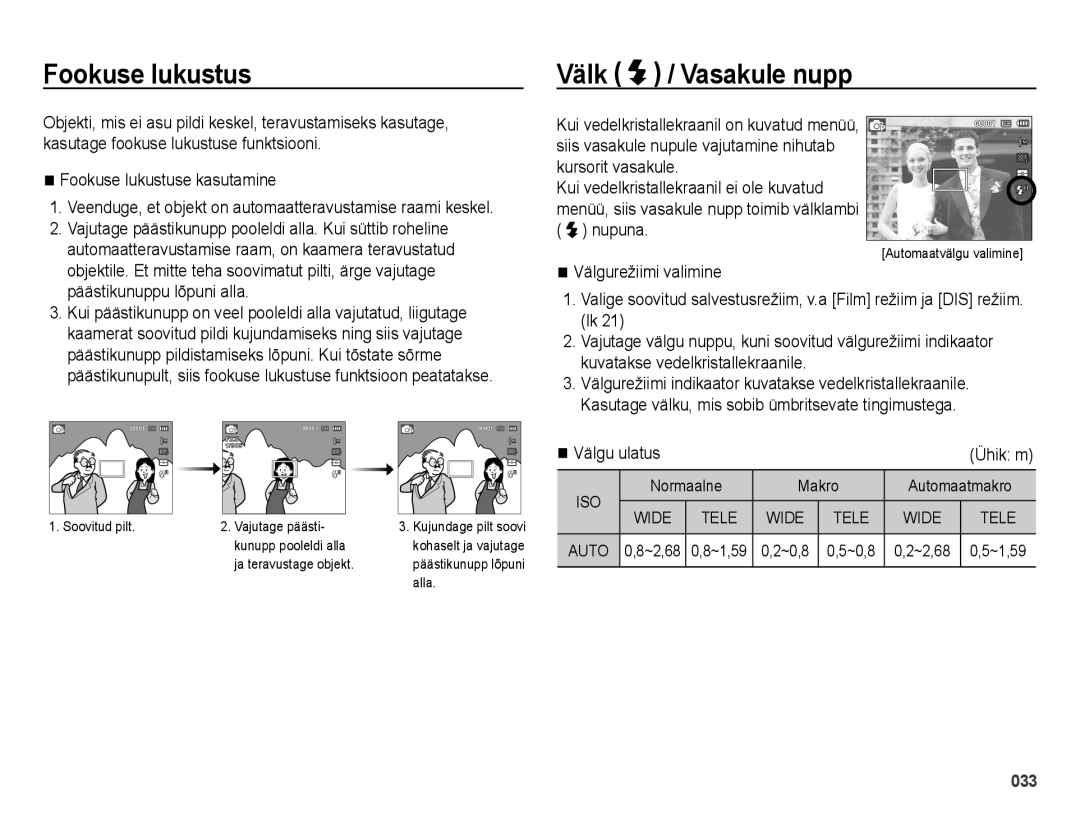 Samsung EC-ES70ZZBPSRU, EC-ES70ZZBPBE2, EC-ES70ZZBPBRU manual Fookuse lukustus, Välk / Vasakule nupp, Välgu ulatus 