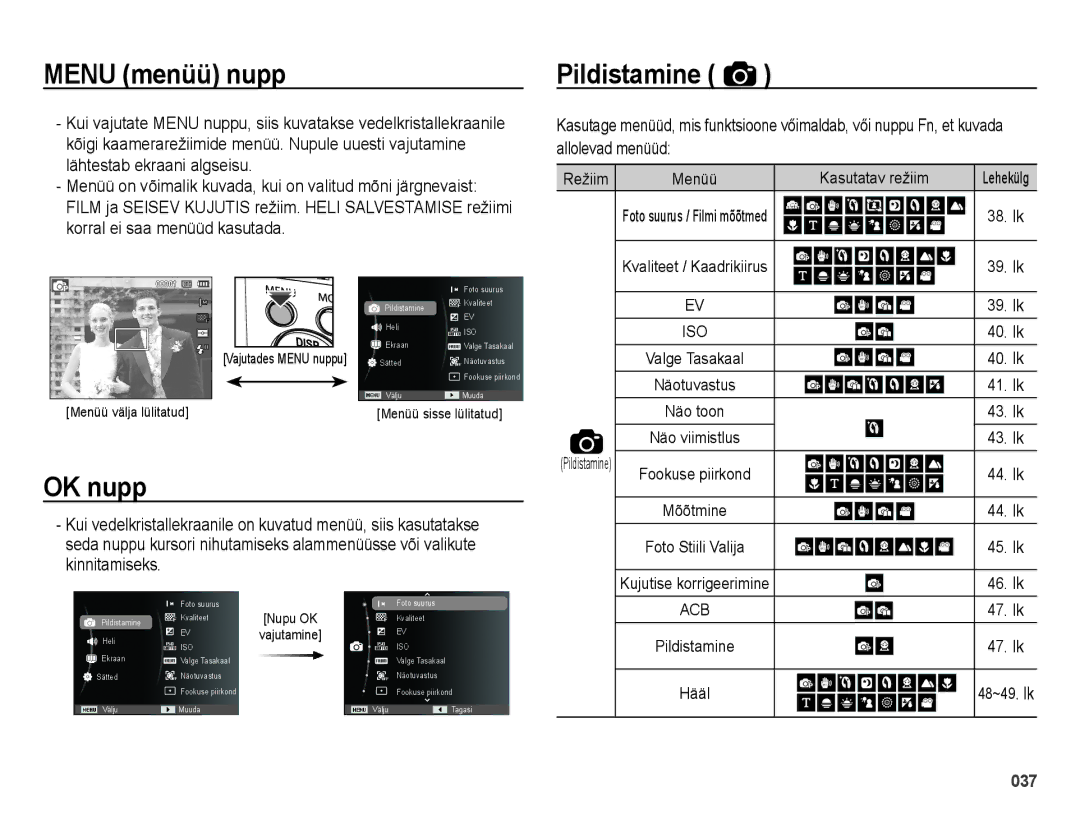 Samsung EC-ES70ZZBPBRU manual Menu menüü nupp Pildistamine, Menüü on võimalik kuvada, kui on valitud mõni järgnevaist 