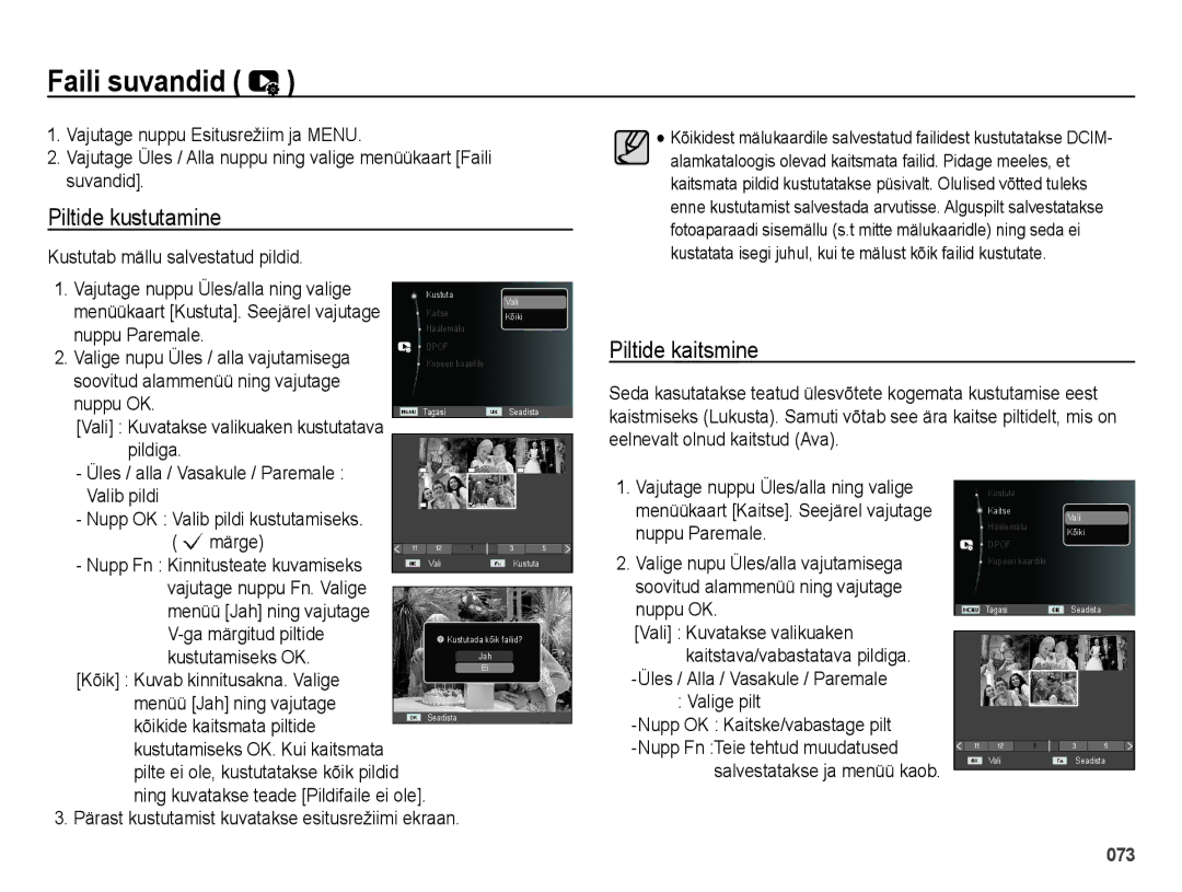 Samsung EC-ES70ZZBPBRU, EC-ES70ZZBPBE2, EC-ES70ZZBPSRU manual Faili suvandid, Piltide kustutamine, Piltide kaitsmine 