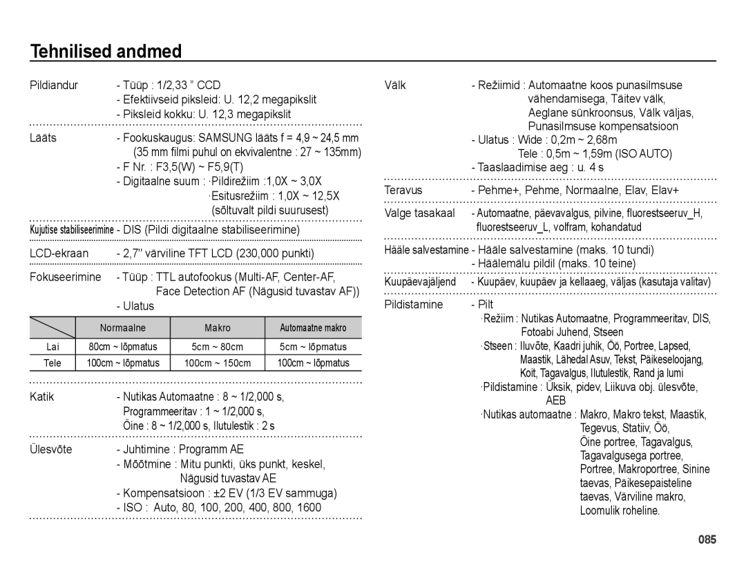 Samsung EC-ES70ZZBPBRU, EC-ES70ZZBPBE2, EC-ES70ZZBPSRU manual Tehnilised andmed 