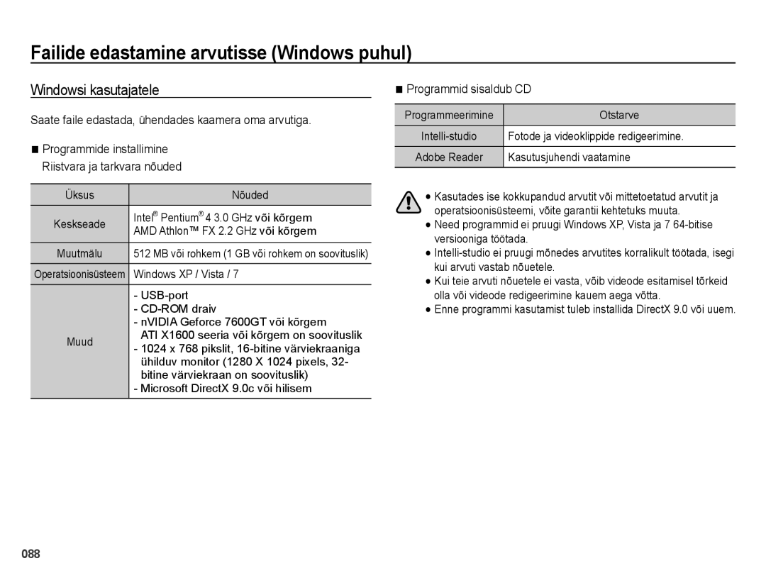 Samsung EC-ES70ZZBPBRU manual Failide edastamine arvutisse Windows puhul, Windowsi kasutajatele, Programmid sisaldub CD 