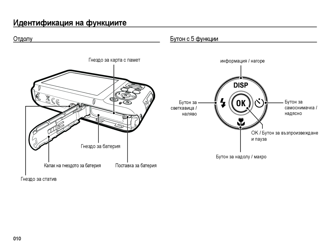 Samsung EC-ES70ZZBPUE3 manual Отдолу Бутон с 5 функции, Гнездо за карта с памет, Гнездо за батерия, Гнездо за статив 