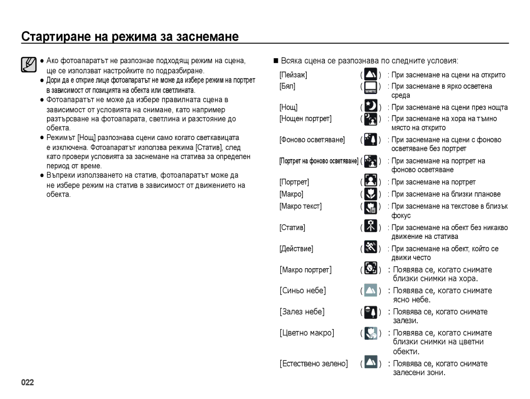 Samsung EC-ES70ZZBPUE3, EC-ES70ZZBPBE3, EC-ES70ZZBPSE3 manual Всяка сцена се разпознава по следните условия 