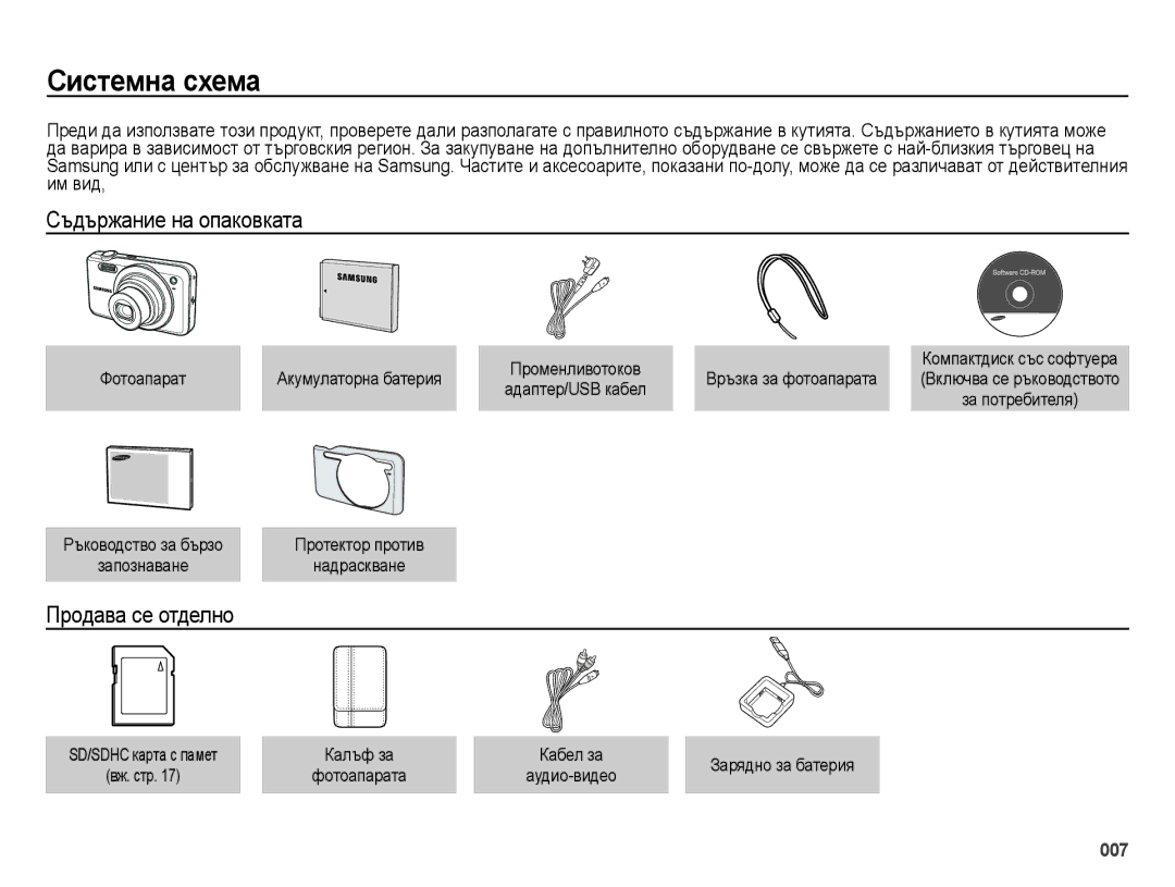 Samsung EC-ES70ZZBPUE3 manual Системна схема, Съдържание на опаковката, Продава се отделно, Фотоапарат Акумулаторна батерия 