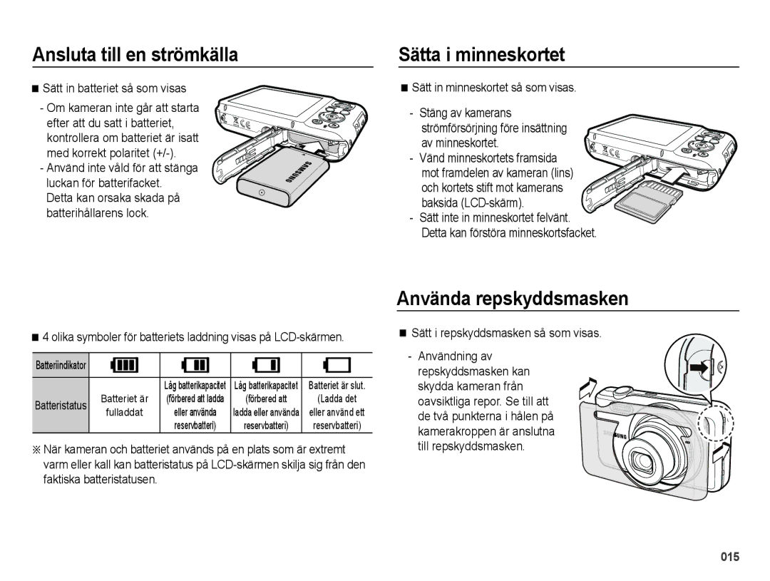 Samsung EC-ES70ZZBPSE2, EC-ES70ZZBPPE2, EC-ES70ZZBPRE2, EC-ES70ZZBPUE2 manual Sätta i minneskortet, Använda repskyddsmasken 