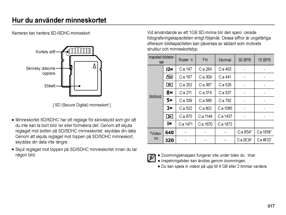 Samsung EC-ES71ZZBDBE2, EC-ES70ZZBPPE2, EC-ES70ZZBPRE2, EC-ES70ZZBPSE2 manual Kameran kan hantera SD-/SDHC-minneskort 