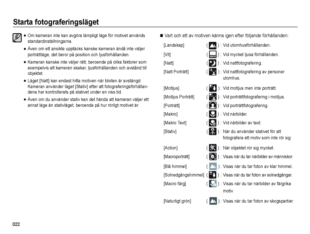 Samsung EC-ES70ZZBPSE2 manual Action När objektet rör sig mycket Macroporträtt, Blå himmel, Macro färg, Naturligt grön 