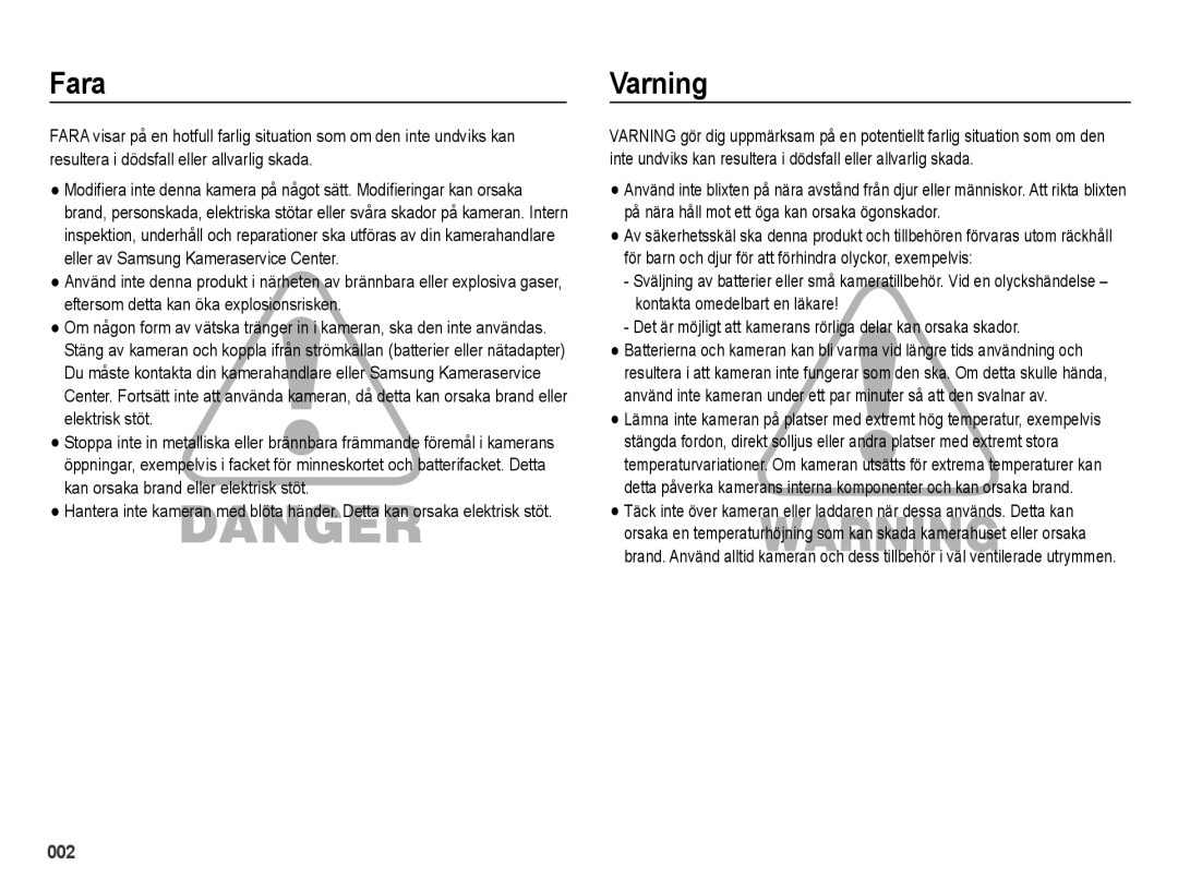 Samsung EC-ES70ZZBPUE2, EC-ES70ZZBPPE2, EC-ES70ZZBPRE2, EC-ES70ZZBPSE2, EC-ES71ZZBDBE2, EC-ES70ZZBPBE2 manual Fara, Varning 