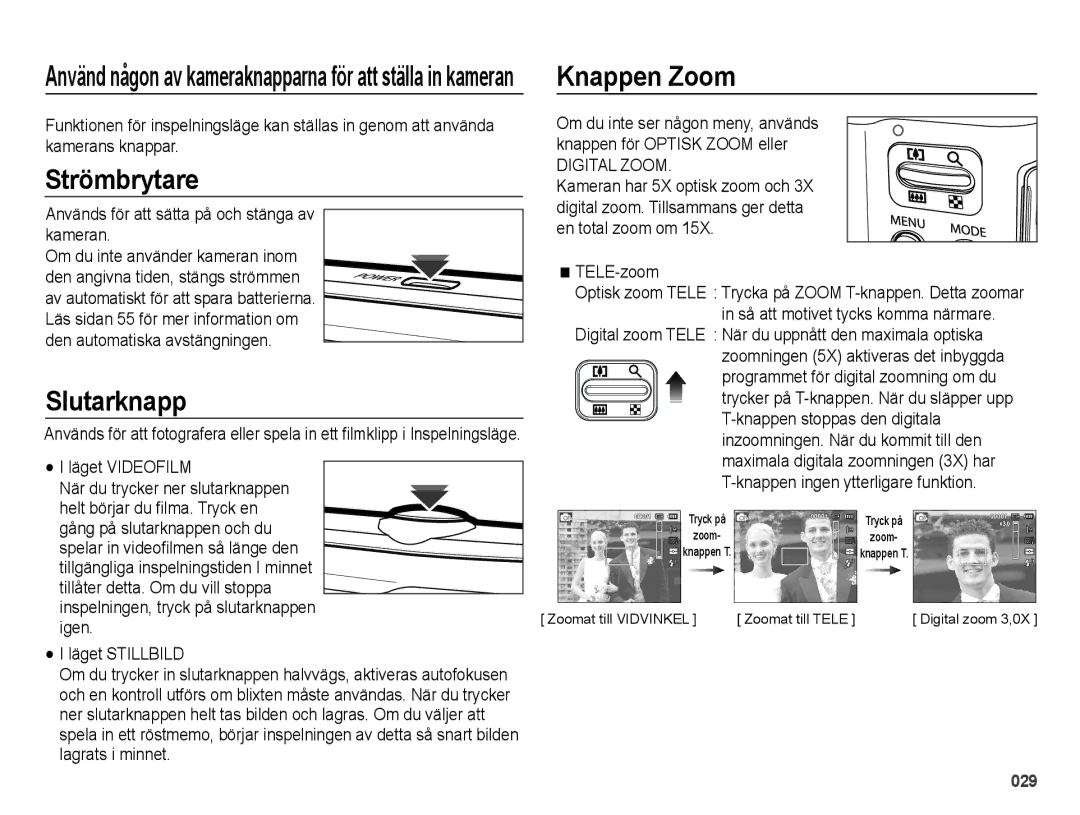 Samsung EC-ES70ZZBPSE2, EC-ES70ZZBPPE2, EC-ES70ZZBPRE2, EC-ES70ZZBPUE2 manual Strömbrytare, Slutarknapp, Knappen Zoom 