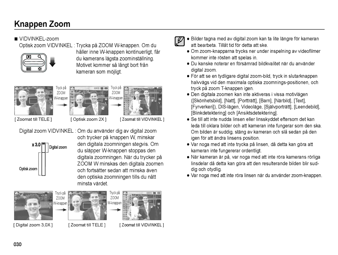 Samsung EC-ES70ZZBPUE2, EC-ES70ZZBPPE2, EC-ES70ZZBPRE2, EC-ES70ZZBPSE2, EC-ES71ZZBDBE2 manual Zoomat till Tele Optisk zoom 