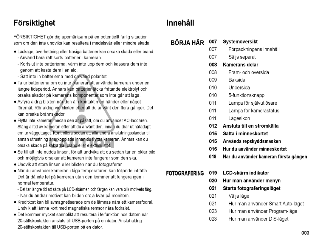 Samsung EC-ES71ZZBDBE2 manual Försiktighet Innehåll, Systemöversikt, 007 Förpackningens innehåll 007 Säljs separat 