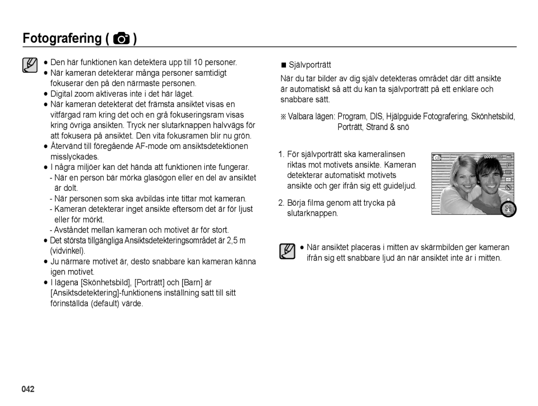 Samsung EC-ES70ZZBPRE2 manual Digital zoom aktiveras inte i det här läget, Börja ﬁlma genom att trycka på slutarknappen 