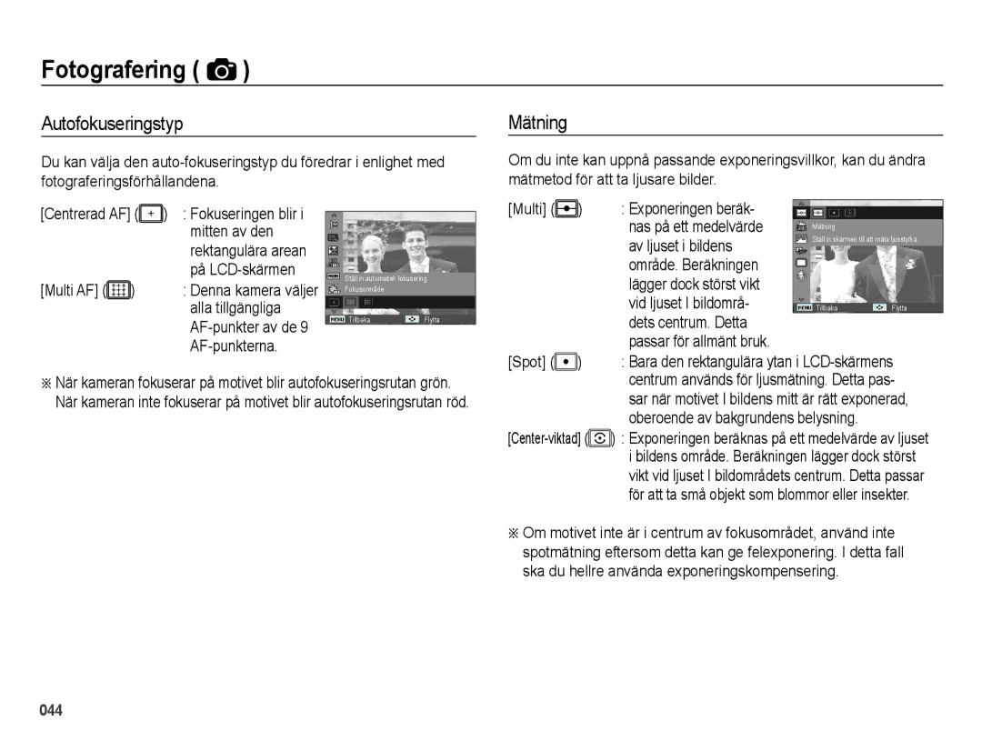 Samsung EC-ES70ZZBPUE2, EC-ES70ZZBPPE2, EC-ES70ZZBPRE2, EC-ES70ZZBPSE2, EC-ES71ZZBDBE2 manual Autofokuseringstyp, Mätning 