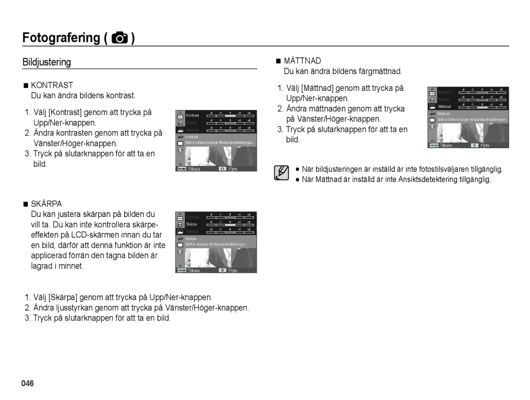 Samsung EC-ES70ZZBPBE2, EC-ES70ZZBPPE2, EC-ES70ZZBPRE2, EC-ES70ZZBPSE2, EC-ES70ZZBPUE2, EC-ES71ZZBDBE2 manual Bildjustering 