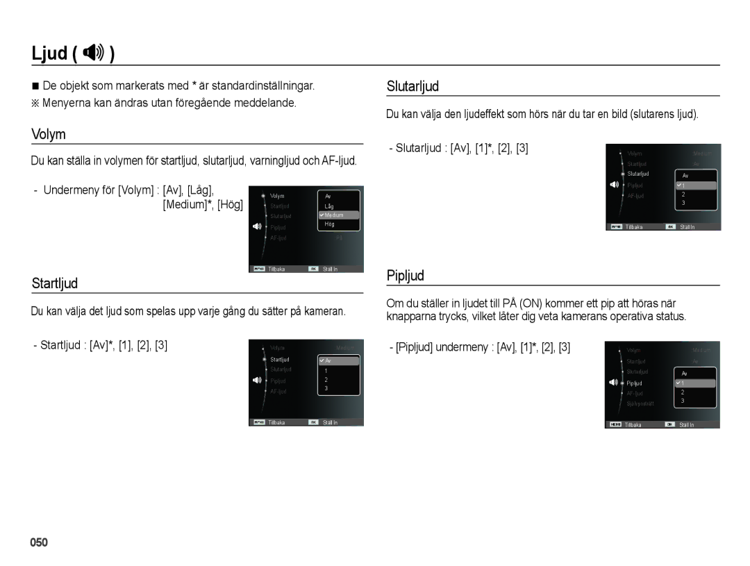 Samsung EC-ES70ZZBPSE2, EC-ES70ZZBPPE2, EC-ES70ZZBPRE2, EC-ES70ZZBPUE2 manual Ljud , Volym, Startljud, Slutarljud, Pipljud 