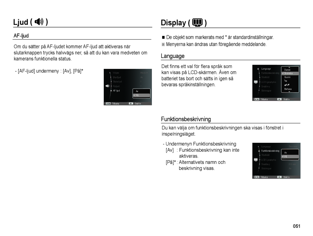 Samsung EC-ES70ZZBPUE2, EC-ES70ZZBPPE2, EC-ES70ZZBPRE2, EC-ES70ZZBPSE2 manual Display, Language, Funktionsbeskrivning 