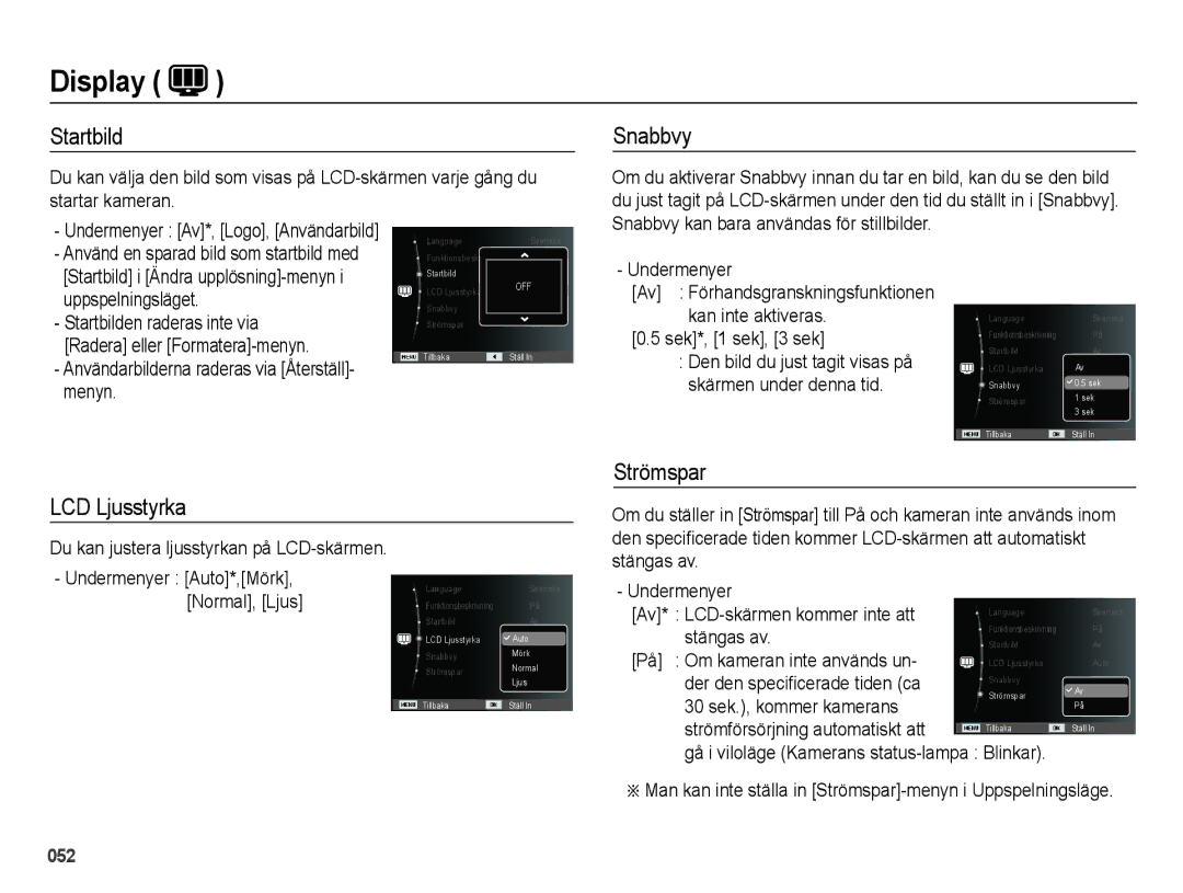 Samsung EC-ES71ZZBDBE2, EC-ES70ZZBPPE2, EC-ES70ZZBPRE2, EC-ES70ZZBPSE2 manual Startbild, Snabbvy, Strömspar, LCD Ljusstyrka 