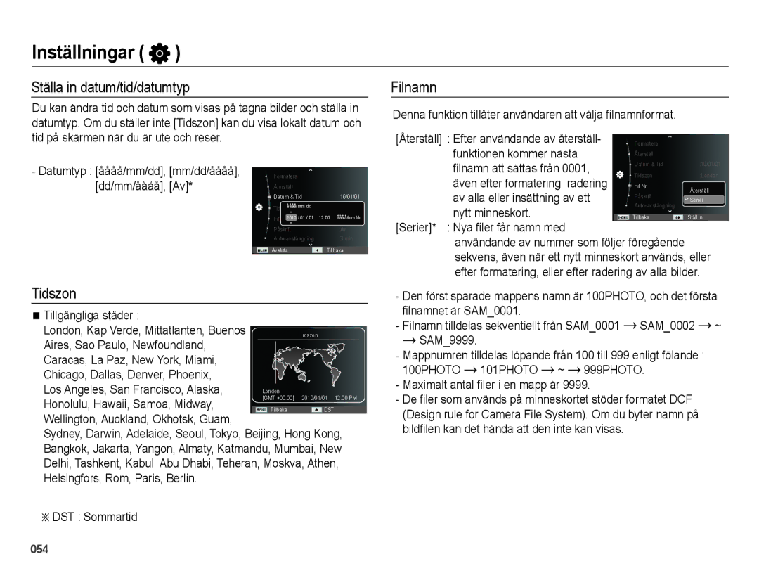 Samsung EC-ES71ZZBDPE2, EC-ES70ZZBPPE2, EC-ES70ZZBPRE2, EC-ES70ZZBPSE2 manual Ställa in datum/tid/datumtyp, Tidszon, Filnamn 