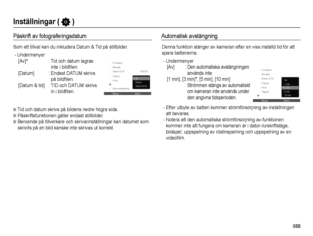 Samsung EC-ES70ZZBPPE2, EC-ES70ZZBPRE2, EC-ES70ZZBPSE2 manual Påskrift av fotograferingsdatum, Automatisk avstängning 