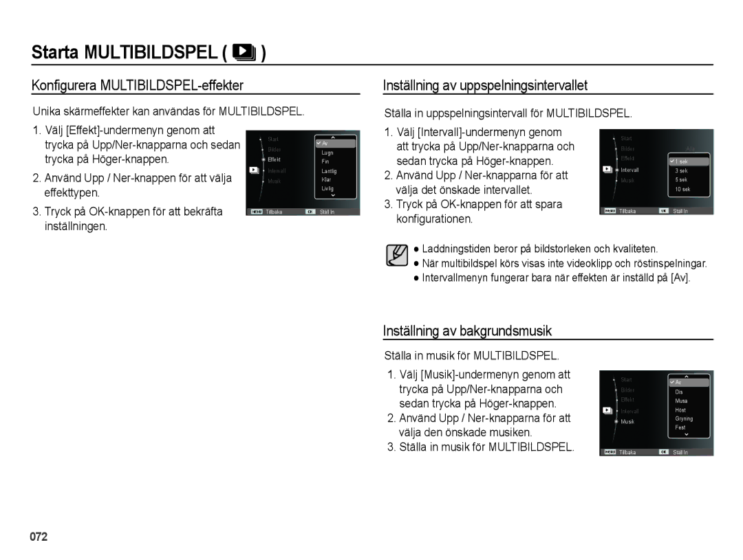 Samsung EC-ES70ZZBPUE2, EC-ES70ZZBPPE2 manual Konfigurera MULTIBILDSPEL-effekter, Inställning av uppspelningsintervallet 