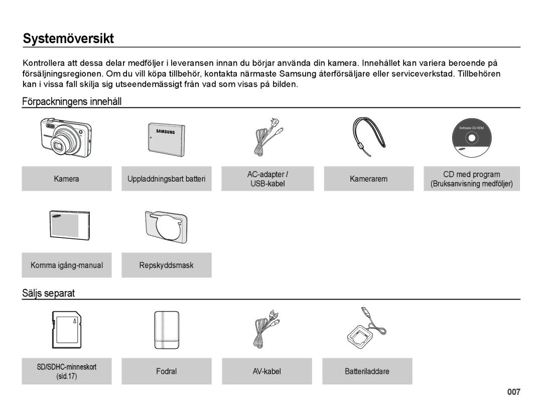 Samsung EC-ES70ZZBPRE2, EC-ES70ZZBPPE2, EC-ES70ZZBPSE2 manual Systemöversikt, Förpackningens innehåll, Säljs separat 