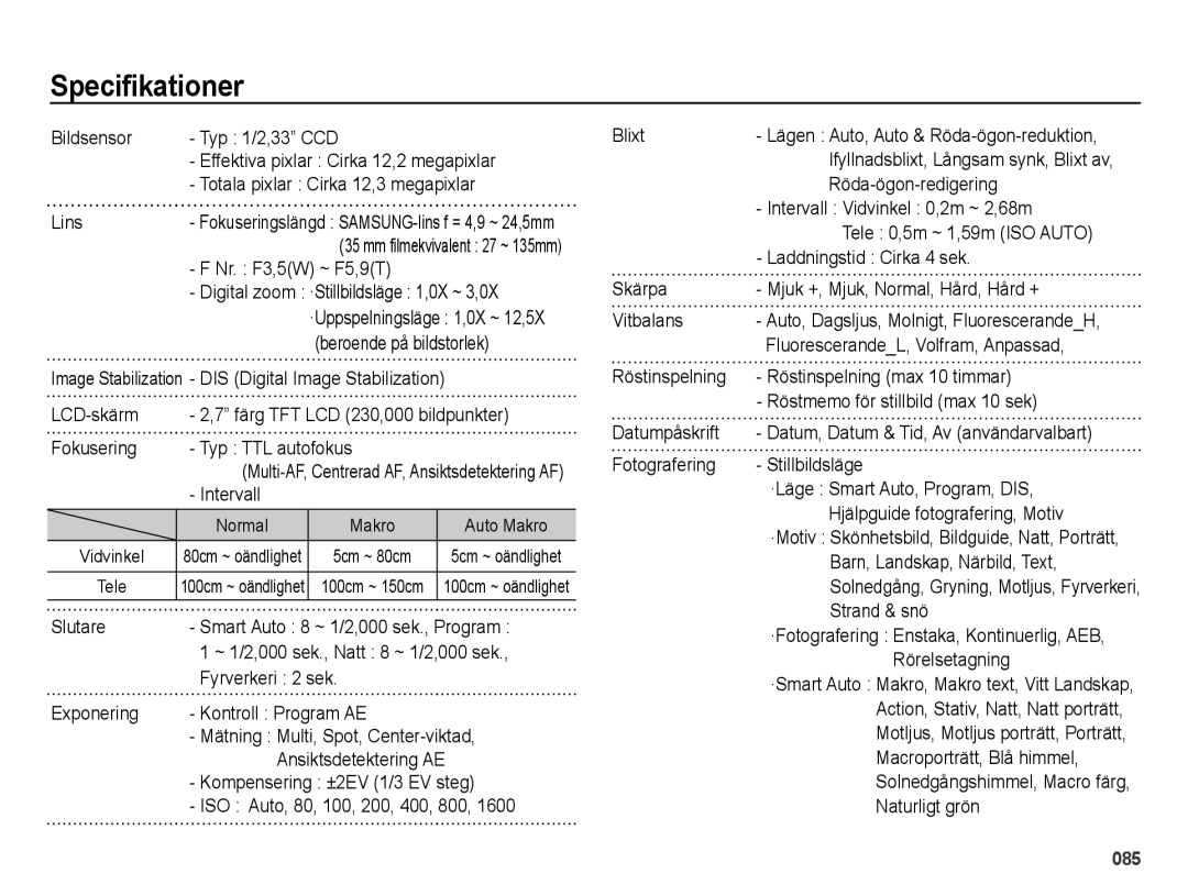 Samsung EC-ES70ZZBPSE2, EC-ES70ZZBPPE2, EC-ES70ZZBPRE2, EC-ES70ZZBPUE2, EC-ES71ZZBDBE2, EC-ES70ZZBPBE2 manual Specifikationer 