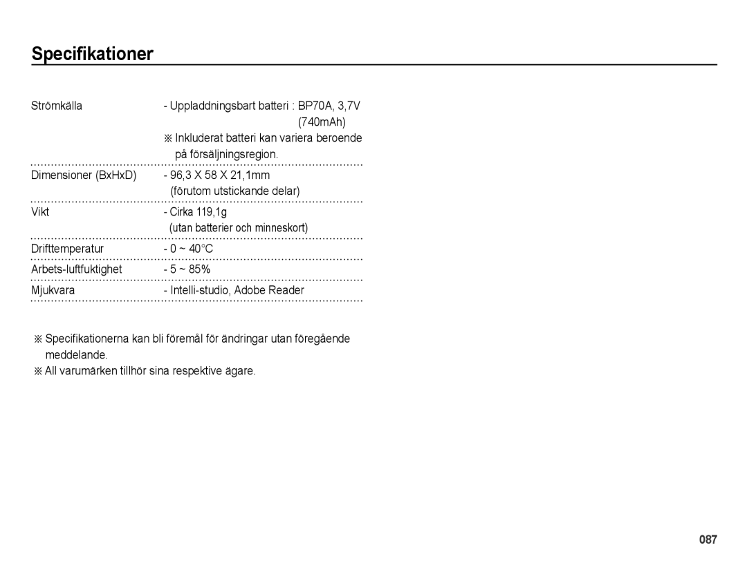 Samsung EC-ES71ZZBDBE2, EC-ES70ZZBPPE2, EC-ES70ZZBPRE2, EC-ES70ZZBPSE2 manual Strömkälla, 740mAh, På försäljningsregion 