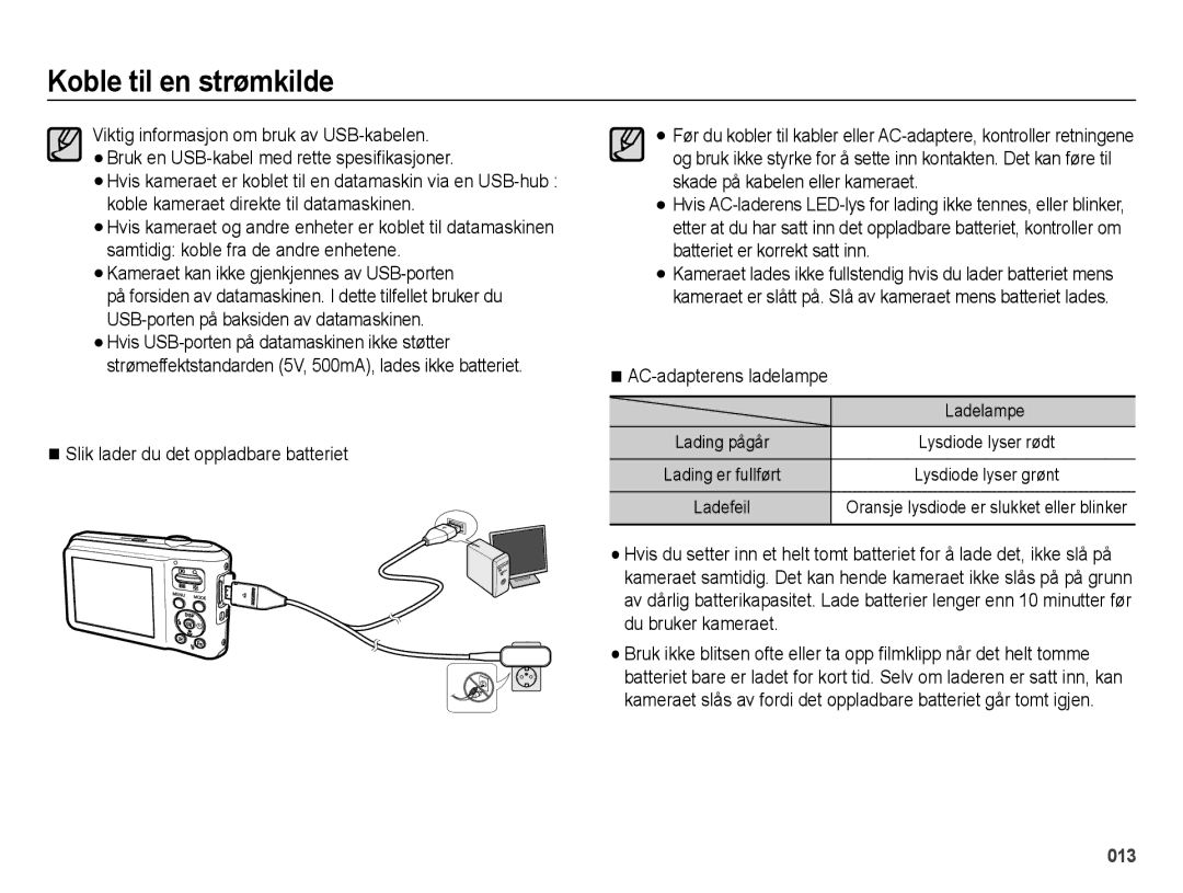 Samsung EC-ES70ZZBPPE2 Kameraet kan ikke gjenkjennes av USB-porten, Slik lader du det oppladbare batteriet, Ladelampe 